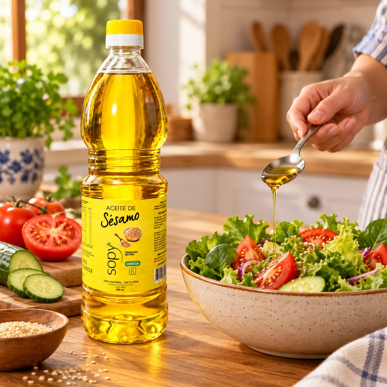 Aceite Sopy junto a una ensalada fresca